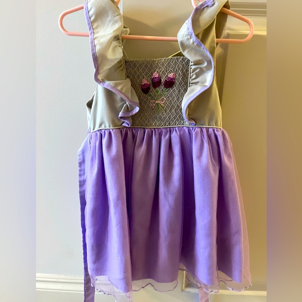 Old Fashioned Charms brand hyacinth/ hydrangea dress in taupe and lavender